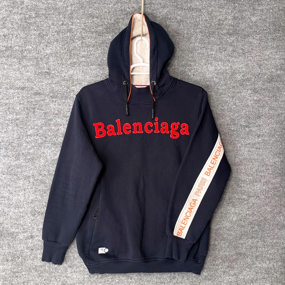 Balenciaga Paris Logo Tape Hoodie Navy Blue Red Embroidery Mens Small
